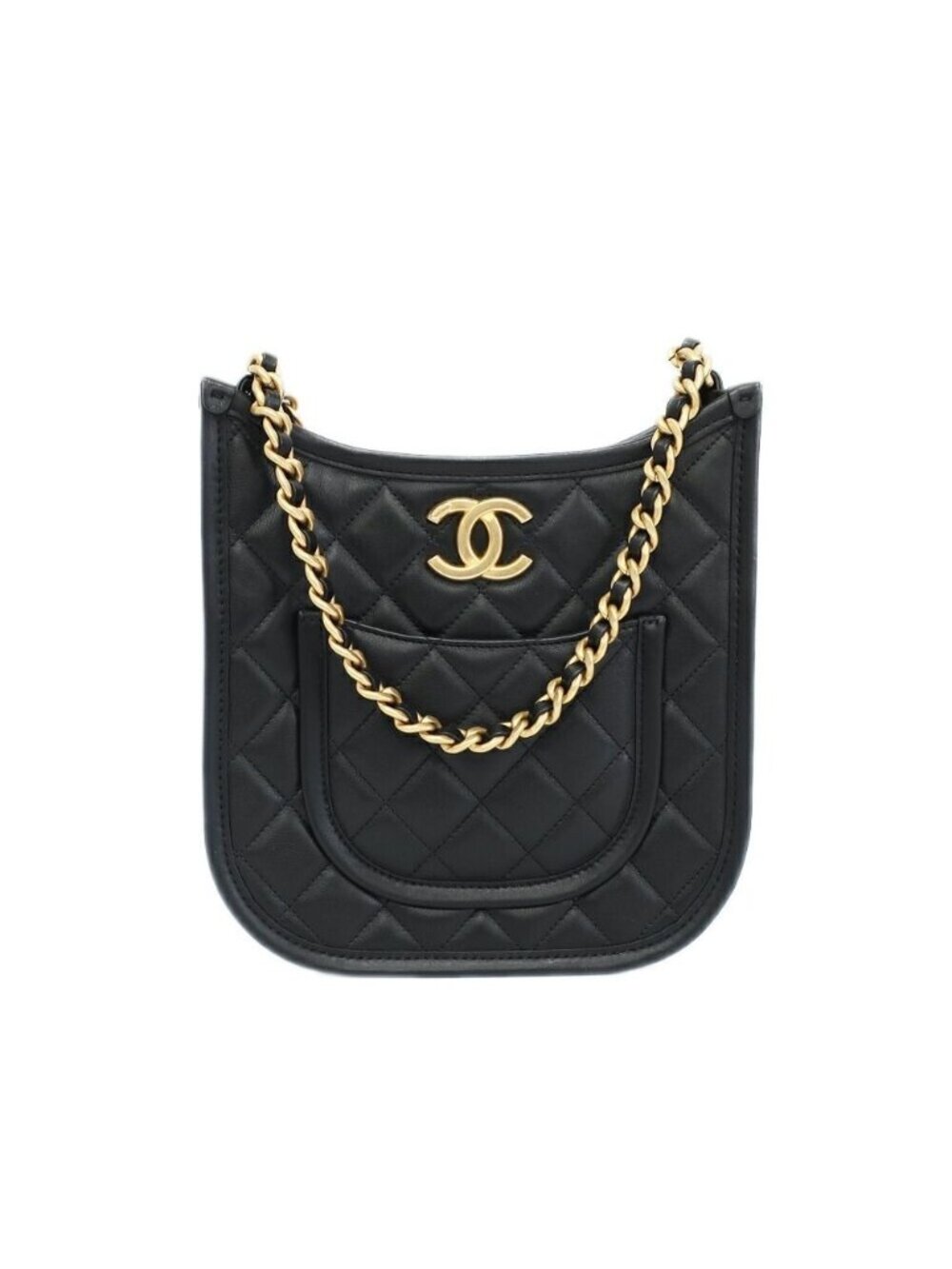 Chanel Hobo Shoulder Bag Black Gold Quilted Lambskin Coco